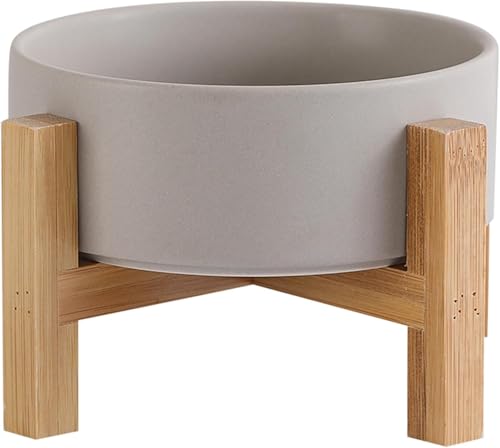 Hundenapf Erhöht, 400ml Hundenapf Keramik, Futternapf Hund mit Holz Ständer, Erhöhter Futternapf Katze für Kleine & Mittelgroße Hunde (Grau)