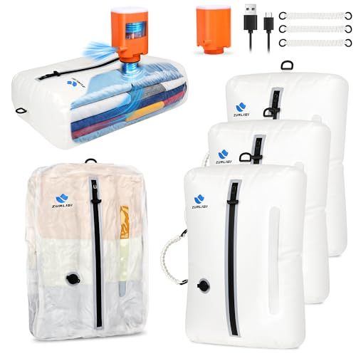 Zurligi Travel Vacuum Bags with Pump, Reusable Anti-Rip Durable Nylon Vacuum Seal Bags for Clothes, Waterproof Vacuum Compression Bags with Handle for Carry-On Luggage & Travel Gear(3-Pack White)