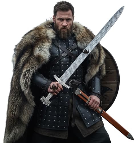 Norseblade-TViking Sword Real Damascus Steel Battle-Ready Northman Swords | Handmade Functional Viking Sword Prop | Gift for Him Prop Tools with Origional Scabbard (Northmen) (King Sword)