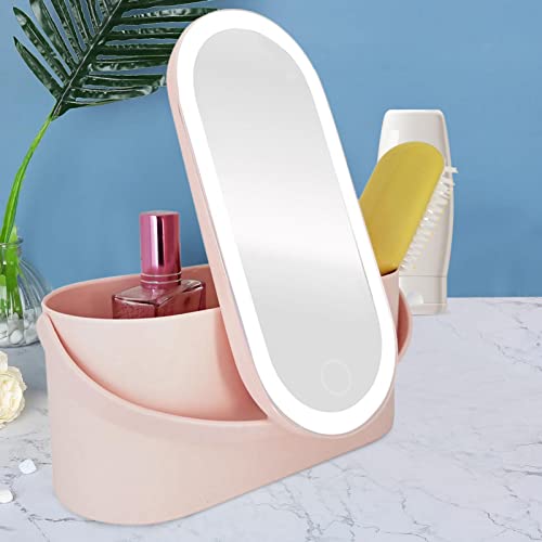 Caixa organizadora de maquiagem com espelho de luz LED, estojo de maquiagem portátil para cosméticos