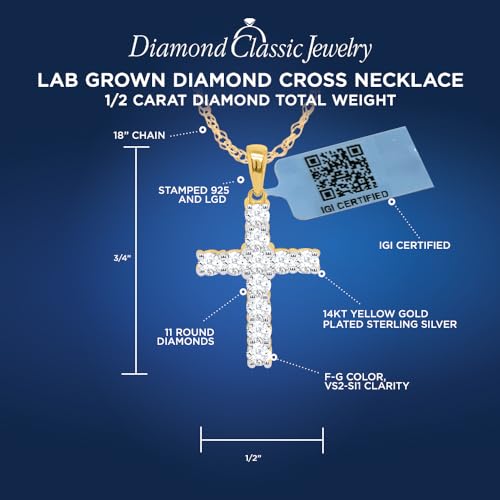 IGI Certified Lab Grown Diamond Cross Necklace 1/2 to 1 CTTW (F-G Color, VS2-SI1 Clarity) Sterling Silver,14KT Gold Plate or 14KT Solid Gold - 18 Inch Chain4