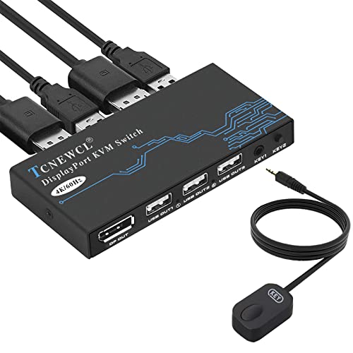 TCNEWCL DP KVM Switch 2 Port, 4K 60Hz DisplayPort KVM Umschalter f&uuml;r 2 PC 1 Monitor + 3 USB2.0-Ger&auml;te, DP 1.2 Switch f&uuml;r Laptop, PC, Xbox HDTV, mit 2 DP-Kabel und 2 USB-Kabel