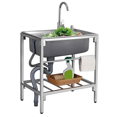 屋外ガーデンシンク シングルトラフ 洗濯用 ステンレススチール製 ユーティリティ 業務用手洗いステーション 収納棚と蛇口付き レストラン バー ランドリー用 (シルバー、サイズ: 71x47x75cm)