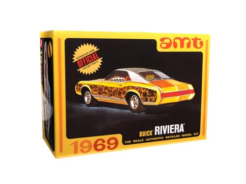 AMT 1969 Buick Riviera 1:25 Scale Model Kit – Build Stock or Custom Version, 430 Cu. in. Engine, Custom Bucket Seats, Supreme Stock Tires, Goodyear Polyglas & Lace Decals