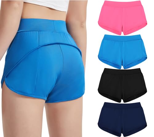 EXARUS 4 Pack Girls Running Athletic Shorts Low Rise 2.5 inch Elastic Waisted Sports Active Dolphin Shorts Side Slit Kid 6-14Y