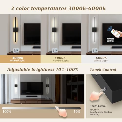 Image of 12000mAh Battery Operated Wall Sconces with Remote Control,31.5 Inch Rechargeable Wall Sconce Set of 2, 350 Rotate Dimmable LED Wall Lights, 3000-6000K, for Living Room，Bedroom, Hallway
