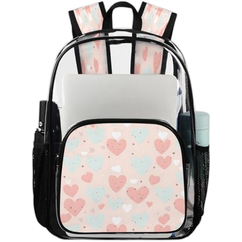 Romantic Pink Clear Backpack for Stadium Events, Colorful Heart Waterproof Clear Bag for Women Men Adult Sport Work Daily Music Festival and Concerts