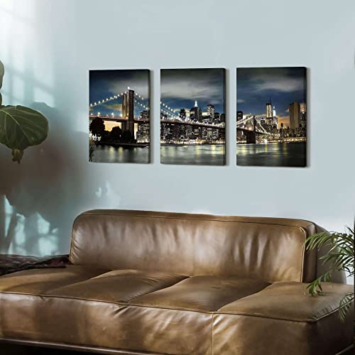Cozy Country New York Skyline Wall Art: Brooklyn Bridge Canvas Artwork Modern City Night View Skylines Lights In Nyc Paintings Skyscraper Cityscape 3 Panels Decor For Living Room #TOP5