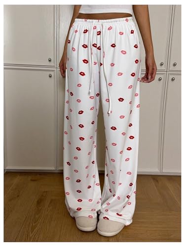 Women's Graphic Drawstring Waist Long Pants Wide Leg Casual Lounge Trousers4