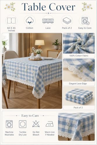 Image of Amazon Brand - Umi Cotton Tablecloth for 6-8 Seater Dining Table, Blue Gingham Check Daisy Floral Print Rectangular Table Cover with Lace Trim 4 Corners, Farmhouse Cottage Style Washable Table Linen