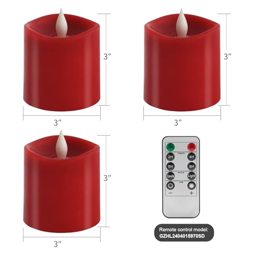 Image of 3x3 Flickering Flameless Candles Set of 3, 2AA Battery Life 600 Hours Battery Candles Flickering with Timer, 3 inch Flameless Candles with Remote for Indoor /Outdoor, Red