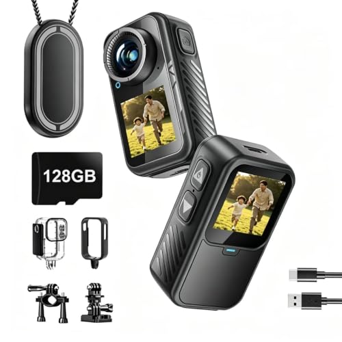 NUISK 4K Mini Action Camera EIS Stabilization 130 Wide Angle Dual Touchscreen Pre-Record Waterproof for Vlogging Outdoor Adventures(Black 128 GB)