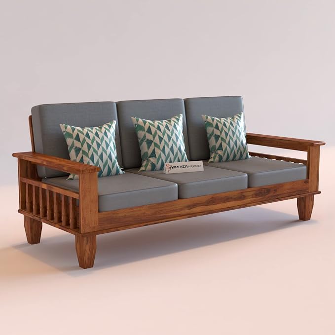 Image of Sheesham Wooden 3 Seater Sofa for Living Room | Rosewood 3 Seater Cushion Sofa with Side Newspaper Holder for Home & Office | Solid Wood Sofa Set for Lounge (Honey Finish)