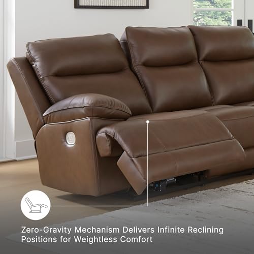 Image of Signature Design by Ashley VonRyan Power Reclining Sofa, Top Grain Leather Seating, Zero-Gravity Recliner Couch, Living Room Furniture, Tobacco Brown, 92-Inch