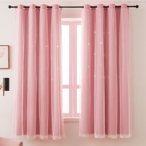 Image of Pink Curtain for Girls Room Cute Blackout Drapes 72 Inches Long Star Cutout | Nursery Room Darkening Curtains Double Layer with Tulle Lace Single Panel Kids Baby Bedroom Decor Window Treatments Cortinas