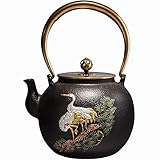 JZWLW Teekessel Aus Gusseisen, Großes Fassungsvermögen 1.4L Teekessel für Herd im japanischen Stil, Gusseiserne Teekanne mit Emaillierter Innenseite, Kiefernkranichmuster