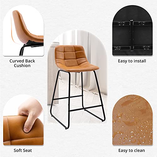 Lue Bona Counter Height Bar Stools, Indoor/Outdoor Mid Century Modern Upholstered Checkered Pattern Leather Dining Chair With Metal Legs, 24" Bar Stools Set Of 4, For Kitchen Island, Whiskey Brown #TOP4