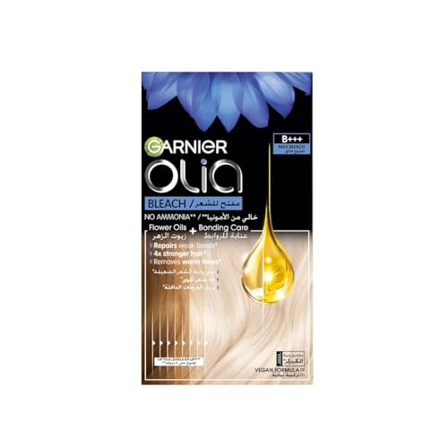 Garnier Olia Bleach B++ Max No Ammonia All in One Bleach Kit & Bonding Care with Flower Oils Vegan Formula with up to 8 Levels of Lift Removes Warm Tones 75g
