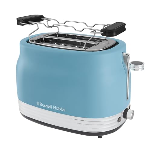 Russell Hobbs Grille pain [2 tranches : fentes larges] Hanley Bleu (6 réglages, design vintage mate accents chromés, décongélation, réchauffage,...