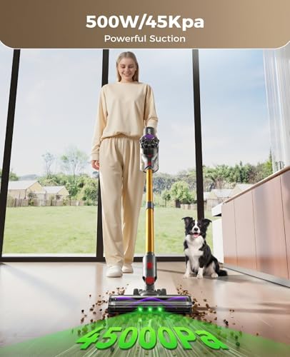 Image of Cordless Vacuum Cleaner, 500W 45KPA Stick Vacuum Cleaners for Home | Lightweight Vac, Anti-Tangle, 45 Mins Rechargeable Battery for Home, Carpets, Pet Hair, Hardwood Floors, Car, Sofa, Stairs