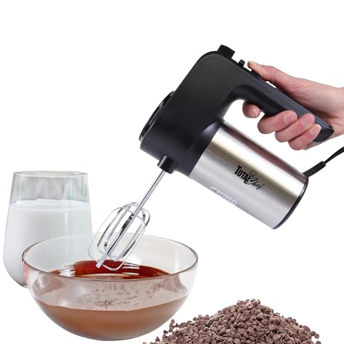 Total Chef 6-Speed Electric Hand Mixer with Stainless Steel Beaters and Dough Hooks Clip-on Storage 250 Watt Motor with Turbo Boost Dishwasher-Safe Accessories Black and Silver