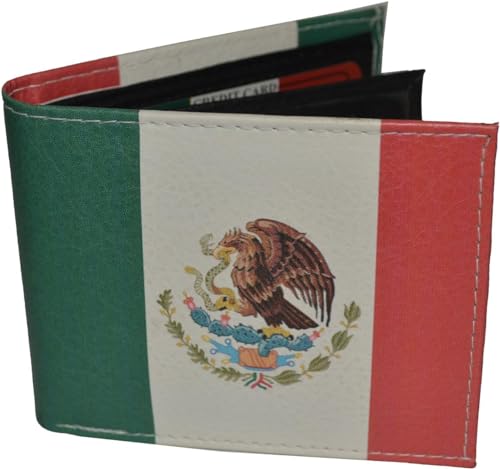 V5 Tems PU Leather Vegan Bifold Wallet with Printed Gift Box Many Styles (Mexico Flag), Black