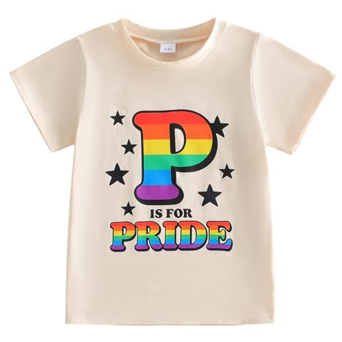 Toddler Pride Shirt for Boys Girls Kids Rainbow Heart Short Sleeve Love is Love Print Summer Children T-Shirt Top (Beige P is for Pride 5-6 Years)