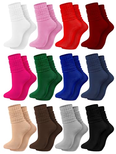 12 Pairs Women Slouch Socks Bulk Cotton Scrunch Stacked Boot Socks for Women Girls