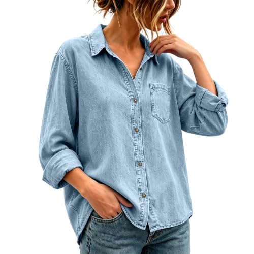 Denim Shirts for Women Trendy Dressy Oversized Button Down Jean Jacket — view 3