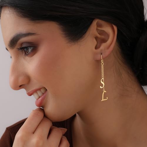 Image of TRUESILVER ACPL 925 Sterling Silver Personalized Earrings for Women | Customized Inital Dangler Name Earring for Womens | Custom Gift for Anniversary Wedding Birthday