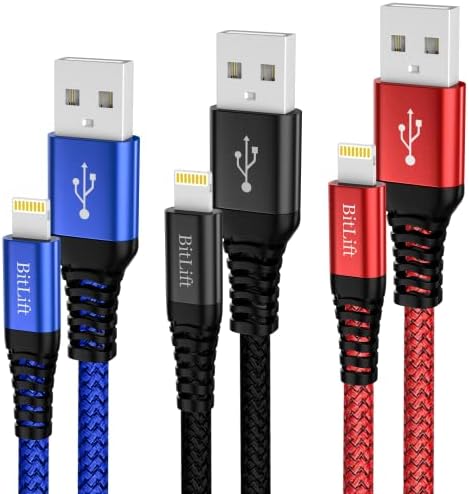 Bitlift iPhone Charger Cable 2M/ 6.6ft 3Pack, Long USB Lightning Charging Cable, Nylon Braided Fast Charge & Data Sync Compatible with iPhone 14/13/ 12/ X/Xs/Xr/ 8/7/ 6/ SE/iPad/pro/air/mini