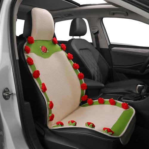 Custaura Universal Car Seat Covers, Handmade Floral Green & Red Rose Design Cushion, Cute Interior Seat Cover for Cars, SUVs & Trucks,Car Accessories Gift for Women (1-Piece)