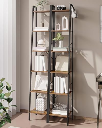 Image of Hzuaneri 6-Tier Ladder Shelf, Narrow Bookshelf, Freestanding Bookcase, Corner Storage Shelves with 2 Hooks for Home Office, Living Room, Kitchen, Bedroom, Industrial, Rustic Brown and Black BC13301B