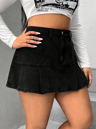 WDIRARA Women's Plus Size Denim Pleated Mini Skirts High Waist A-Line Casual Jean Skirts4