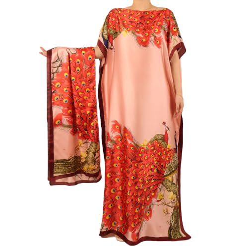 Women Kaftan & Scarf, Plus Size Caftan Moo Moo Dress with Head Scarf (red) | Moo Moo with Scarf, Silky Fabric, Boat Neck, Ethnic Maxi Dress, Boho Peacock Leopard Print, Swimsuit Cover Up, Beach Vacation - image 2