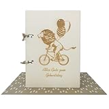 Löwe auf dem Fahrrad auf dem Weg zu einer Geburtstagsfeier - Geburtstagskarte aus Holz