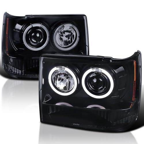 Spec-D Tuning Dual Halo Glossy Black Housing Smoke Lens Projector Headlights Compatible with 1993-1996/12/25 Jeep Grand Cherokee Left + Right Pair Headlamps Assembly