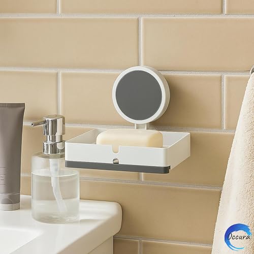 Image of Stickable Soap Holder for Washbasin | Compact Dish | Self adhesive wall mounted bathroom organizer without drill. Single plastic soap stand. Space saving rental friendly storage.