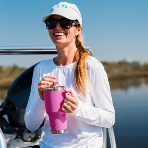 Image of YETI Rambler 35 oz Tumbler with Handle and Straw Lid, Travel Mug Water Tumbler, Vacuum Insulated Cup with Handle, Stainless Steel, Wildflower Fuchsia