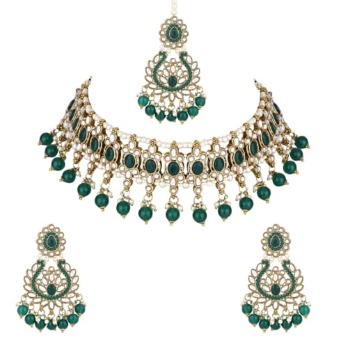 Image of I Jewels Gold Plated Traditional Kundan Pearl Drop Choker Necklace Jewellery With Earrings & Maang Tikka Set For Women /Girls