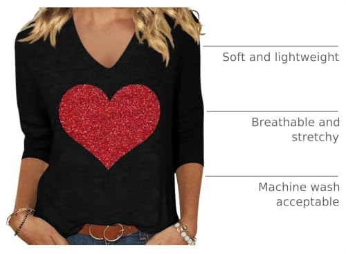 Image of Womens 3 /4 Sleeve V Neck Valentine T Shirts Love Heart Printed Graphic Tee Tops