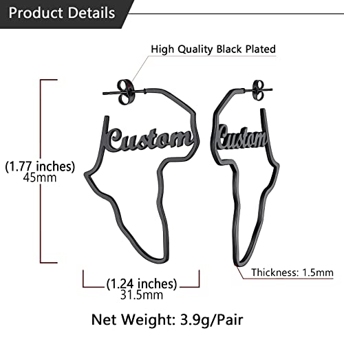 Black African Earrings, Wwomen's 45Mm Personalized Black Metal Plated Stainless Steel Map Of Africa Stud Earrings With Name On It #TOP6