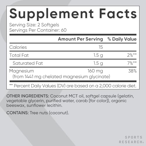 Image of Sports Research Magnesium Glycinate - Suports Restful Sleep & Enzymatic Processes - 160 mg Chelated Magnesium - Liquid Softgel - 120 Count (Pack of 2)