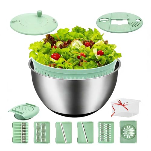 VVAKAM 5.3QT Salad Spinner Large,Stainless Steel Lettuce Spinner,Fruit Vegetables Wash Bowl with 5 Blade Slicer,Egg Yolk Strainer Slicer Shredder,Kitchen...