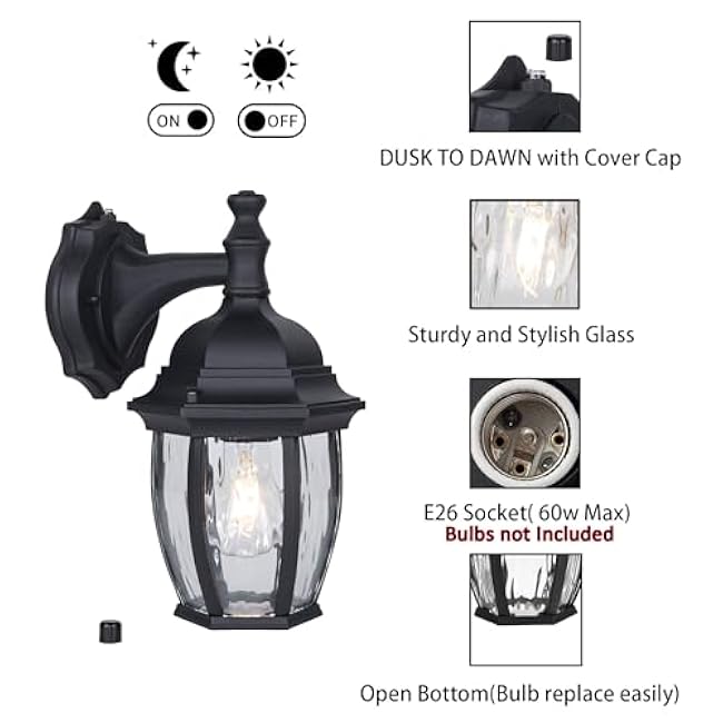 Outdoor Wall Sconces Dusk to Dawn, Large Waterproof Porch Light Fixture for Doorway Patio Garage Entryway, Aluminum Housing Plus Clear Water Glass, Black, 2-Pack