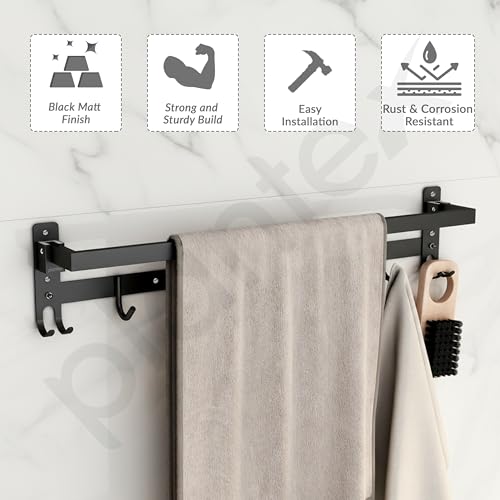 Image of Plantex Stainless Steel Folding Single Towel Rod with Hooks /24 Inch Towel Holder for Bathroom /Towel Hanger /Towel Stand /Bathroom Accessories - (APS-1317, Black)