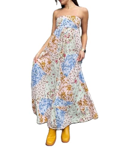 Image of Women Floral Print Maxi Tube Dress Strapless Flowy Long Bandeau Dress Y2K Open Back Sundress Summer Beachwear