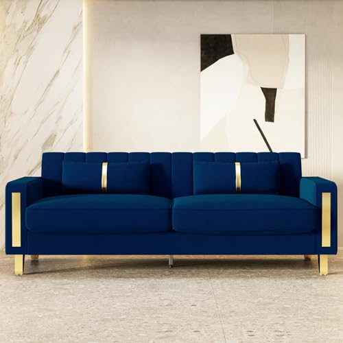 yunqishi 85.63" Blue Velvet Sofa with Gold Legs