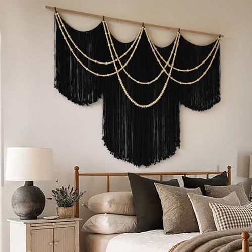 Macrame Wall Hanging Black Yarn Tapestry Home Decor Large Fiber Wall Art Living Room Bedroom Home Wall Decor 57" W x 43" L Macrame Wall Hanging Black Yarn Tapestry Home Decor Large Fiber Wall Art Living Room Bedroom Home Wall Decor 57" W x 43" L