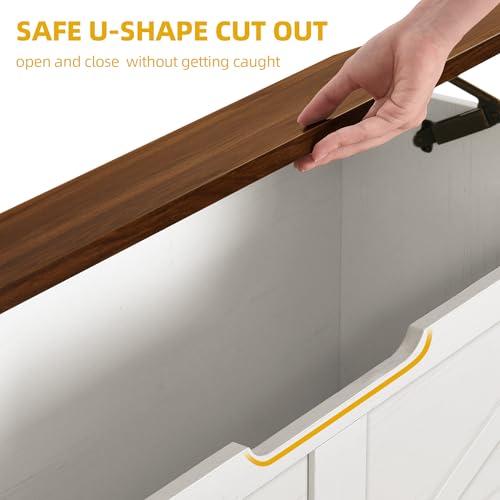 DWVO Storage Bench, 47.2" Farmhouse Storage Chest with 2 Safety Hinges, Wooden Utility Organizer, Shoe Bench for Entryway, Bedroom, Living Room, White and Walnut